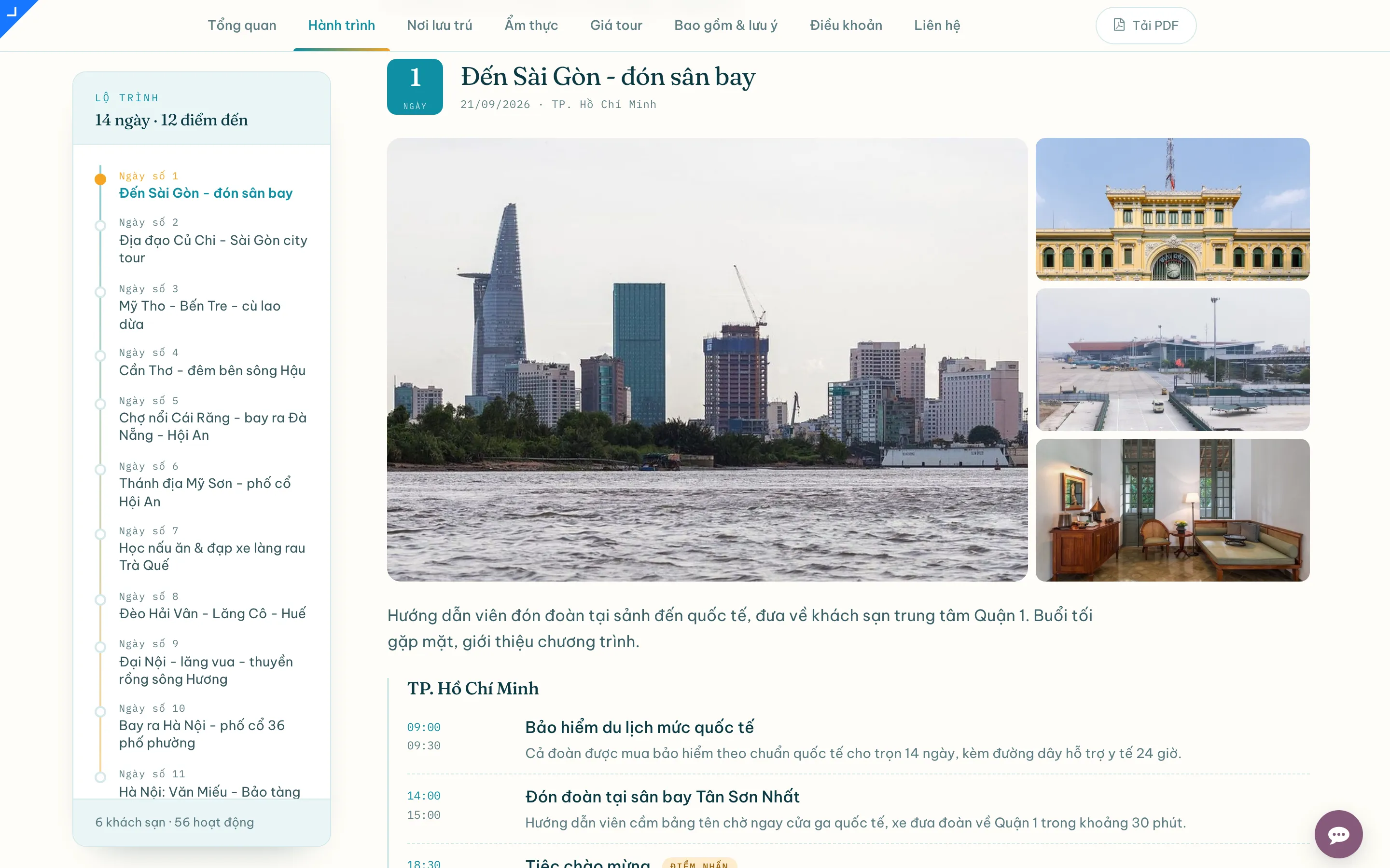 Lịch trình ngày 1 trên trang proposal: ảnh theo ngày, timeline hoạt động
